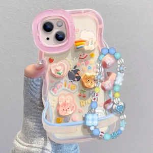 Capa para iPhone com Pulseira de Segurança 3D Arco-Íris. Anti-Queda + Beads Brilhantes